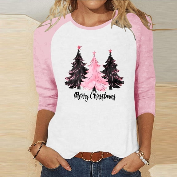 Mifsaly Funny Christmas Shirts Cute Print 3/4 Sleeve Crewneck Xmas T-Shirt Thanksgiving Festival Loose Pullover Tops Watching Movies Blouse 2025 Holiday Outfits