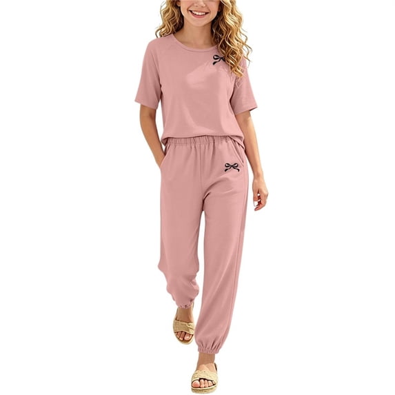 Mifsaly Girls 2 Piece Lounge Sets Casual Short Sleeve Tee Shirts and Elastic Waist Jogger Pants with Pockets Kids Summer Outfits