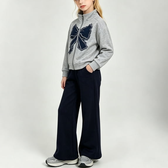 Mifsaly Girls 2 Piece Outfits Stand Collar Zip Up Sweatshirt Jacket with Large Bow Applique and Wide Leg Sweatpants Kids Trendy Fall Winter Casual Activewear