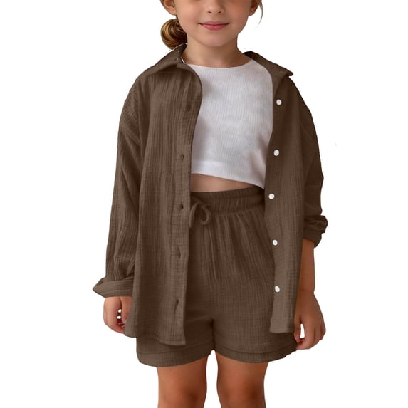 Mifsaly Girls 2 Piece Summer Outfit Set Button Down Long Sleeve Shirts and Drawstring Elastic Waist Shorts Lightweight Kids Casual Loose Matching Loungewear
