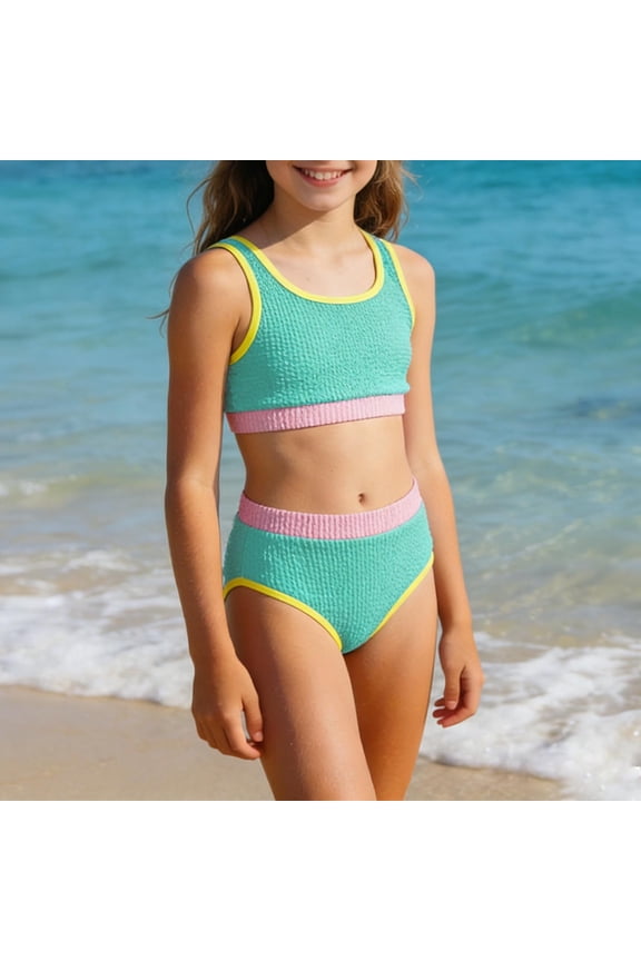 Girls 2 Piece Swimsuit with Padding Textured Tween Swimwear Set Summer Vacation Beach Swimming Kids Bathing Suits Size 7-16