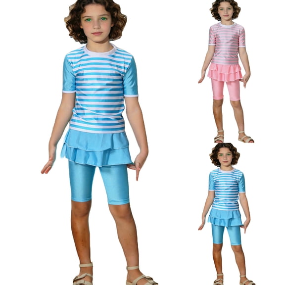 Mifsaly Girls Bathing Suits Size 10-12 Tiered Hem Short Sleeve Top Leggings Shorts Kids Swimsuits 2 Piece Beach Vacation Striped Swimswear