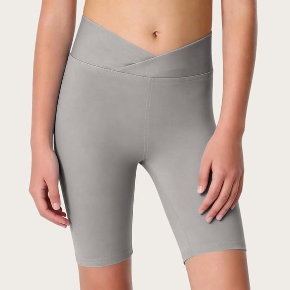 Mifsaly Girls Biker Shorts Crossover Waist Kids Athletic Yoga Shorts Soft Stretchy Exercise School Dance Shorts