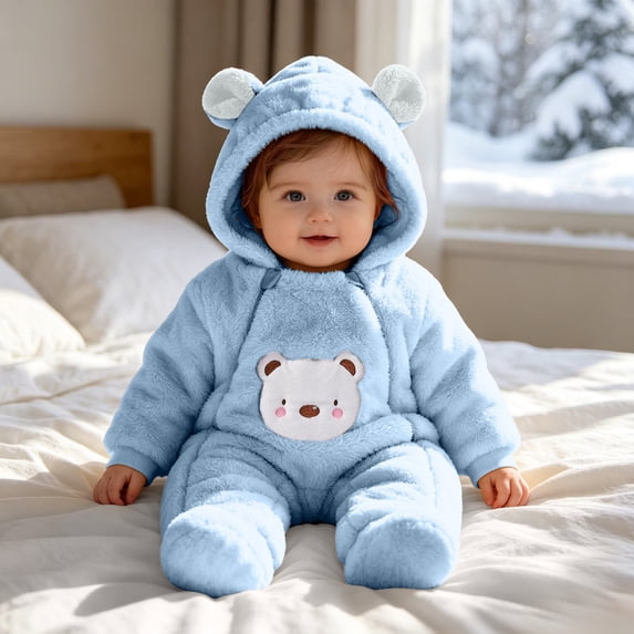 Mifsaly Girls Boys Baby Fleece Romper Infant Long Sleeve Sherpa Rompers with Cute Animal Bear Embroidery and Zipper Closure Infant Winter Warm Pajamas Clothes