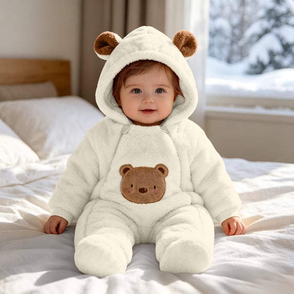 Mifsaly Girls Boys Baby Fleece Romper Infant Long Sleeve Sherpa Rompers with Cute Animal Bear Embroidery and Zipper Closure Infant Winter Warm Pajamas Clothes