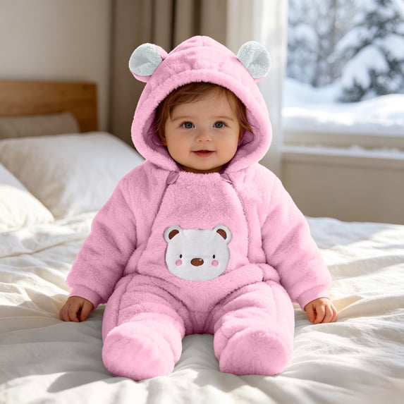 Mifsaly Girls Boys Baby Fleece Romper Infant Long Sleeve Sherpa Rompers with Cute Animal Bear Embroidery and Zipper Closure Infant Winter Warm Pajamas Clothes