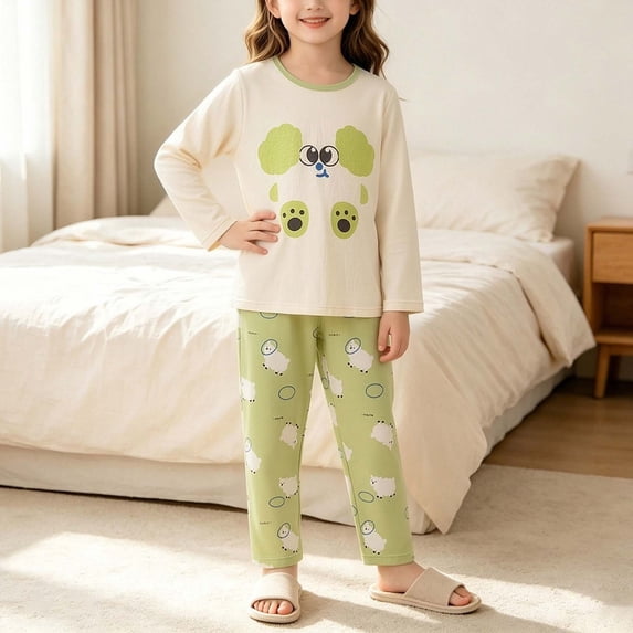 Mifsaly Girls Boys Cotton Pajama Set Graphic Long Sleeve Crewneck Sleepwear Tops and Long Pants Soft Comfortable Fall Winter Casual Indoor Clothes