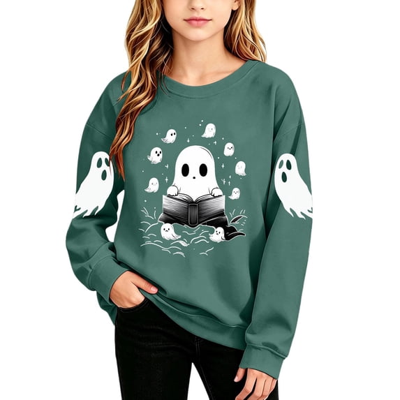 Mifsaly Girls Boys Halloween Sweatshirt Cute Spooky Graphic Reading Ghost Crewneck Sweatshirt Kids Casual Long Sleeve Pullover Tops Army Green,7-8 Years