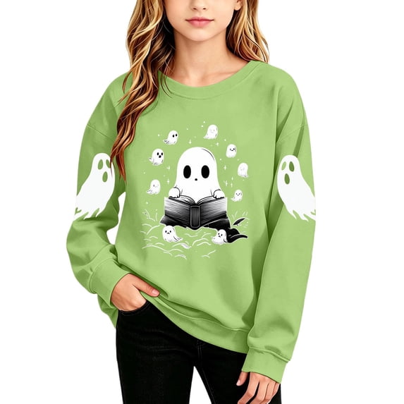 Mifsaly Girls Boys Halloween Sweatshirt Cute Spooky Graphic Reading Ghost Crewneck Sweatshirt Kids Casual Long Sleeve Pullover Tops Green,14-15 Years