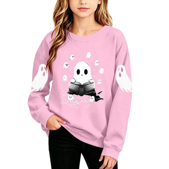 Mifsaly Girls Boys Halloween Sweatshirt Cute Spooky Graphic Reading Ghost Crewneck Sweatshirt Kids Casual Long Sleeve Pullover Tops Pink,11-12 Years