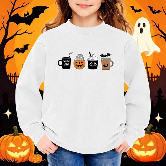 Mifsaly Girls Boys Oversized Halloween Sweatshirts Funny Witches Graphic Long Sleeve Crewneck Sweatshirt Comfy Casual Fall Vintage Pullover Top for Autumn Everyday Celebration White,10-11 Years