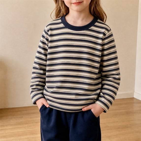 Mifsaly Girls Boys Striped Sweatshirts Kids Crewneck Long Sleeve Cotton T-Shirts Relaxed Fit Comfortable Everyday Pullover Basic Playwear for School and Lounge Navy,4-5 Years