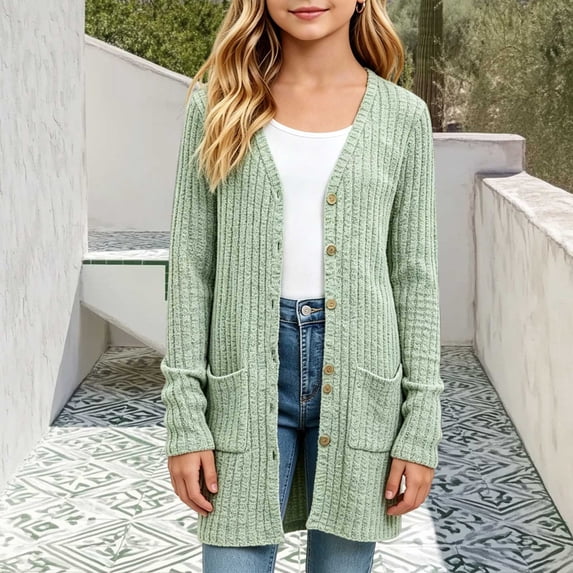 Mifsaly Girls Cardigan Sweater Button Down Long Sleeve V-Neck Ribbed Knit Cardigan with Pockets Soft Comfortable Everyday Casual Outerwear Coat