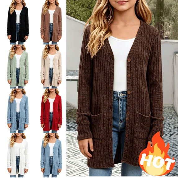 Mifsaly Girls Cardigan Sweater Button Down Long Sleeve V-Neck Ribbed Knit Cardigan with Pockets Soft Comfortable Everyday Casual Outerwear Coat