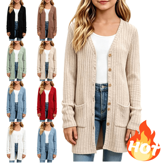 Mifsaly Girls Cardigan Sweater Button Down Long Sleeve V-Neck Ribbed Knit Cardigan with Pockets Soft Comfortable Everyday Casual Outerwear Coat