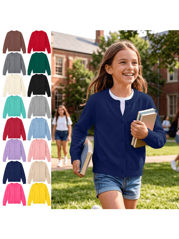 Girls Cardigan Sweater Long Sleeve Button Down School Uniform Jackets Kids Toddler Soft Comfortable Open Front Outerwear Tops