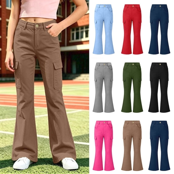 Mifsaly Girls Cargo Flare Pants High Waisted Button Front Bootcut Trousers with Pockets and Belt Loops Full Length School Daily Casual Bottoms Khaki,Size 14