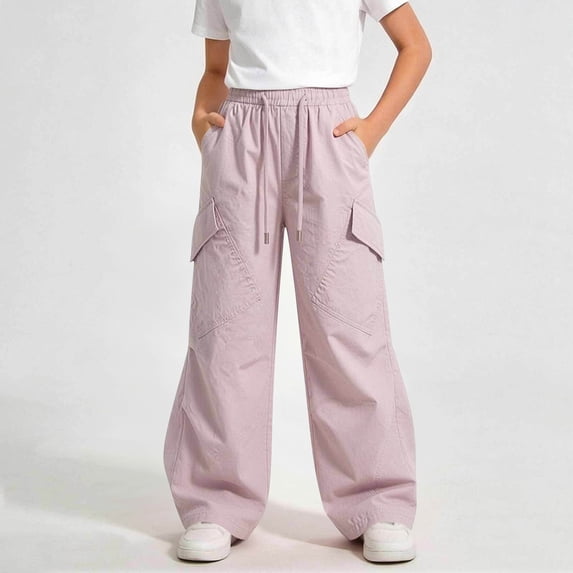 Mifsaly Girls Cargo Pants Kids High Waisted Wide Leg Baggy Joggers for Back To School Outdoor Activities with Mutil Pockets Pink,5 Years