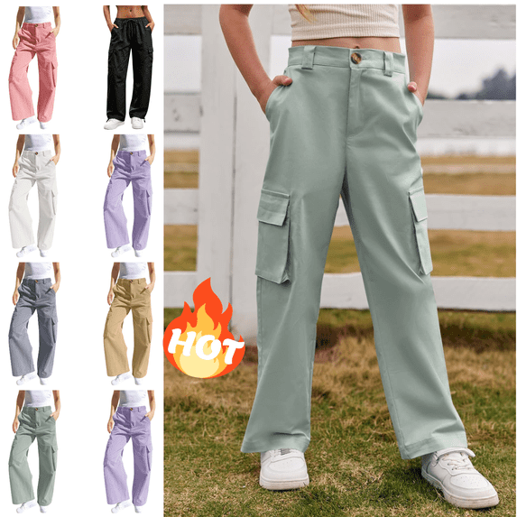 Mifsaly Girls Cargo Pants with Multi Pockets Kids High Waist Wide Leg Sweatpants Comfy Breathable Casual Outdoor Outfits