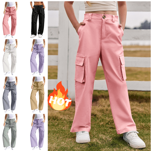 Mifsaly Girls Cargo Pants with Multi Pockets Kids High Waist Wide Leg Sweatpants Comfy Breathable Casual Outdoor Outfits