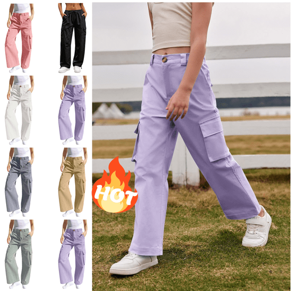 Mifsaly Girls Cargo Pants with Multi Pockets Kids High Waist Wide Leg Sweatpants Comfy Breathable Casual Outdoor Outfits