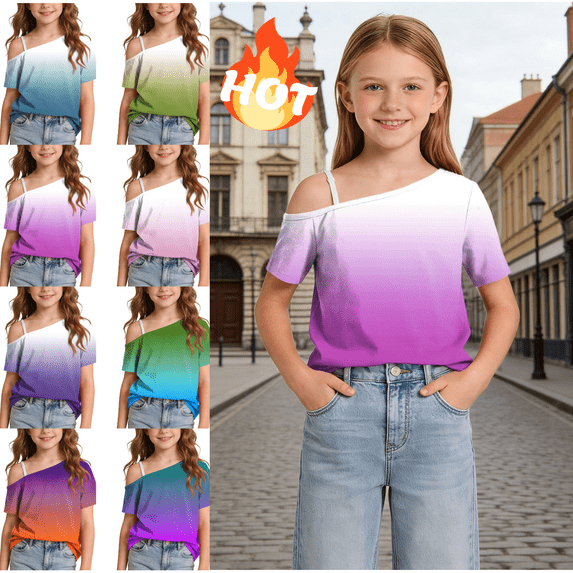 Mifsaly Girls Cold Shoulder T-Shirts Gradient Short Sleeve Tops Kids Off The Shoulder Casual Summer Tee Blouse Holiday Vacation Wear Outfits