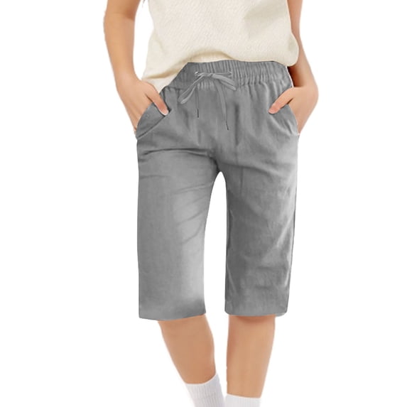 Mifsaly Girls Cotton Linen Bermuda Shorts Lightweight Pull-On Elastic Waist Kids Beach Shorts with Pockets