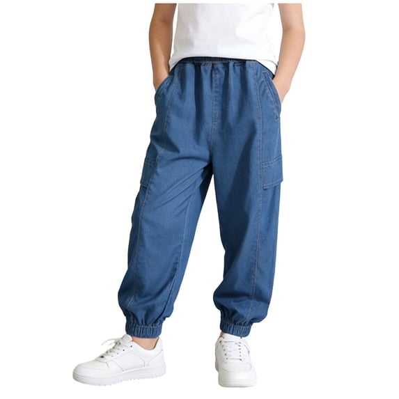Mifsaly Girls Denim Jogger Pants Elastic Waist Lightweight Jeans Relaxed Fit Kids Cotton Chambray Track Pants with Pockets