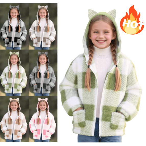 Mifsaly Girls Fuzzy Fleece Jacket Plaid Sherpa Zip Up Long Sleeve Hoodie Kids Winter Thick Warm Outerwear with Pockets Size 8-14 Years