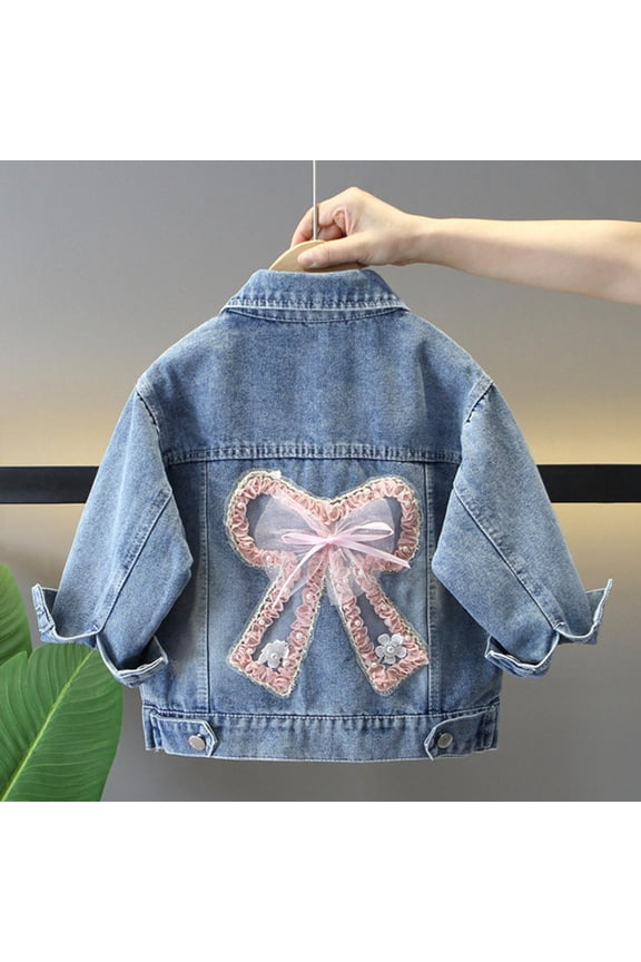 Girls Jean Jacket Lapel Button Down Girl Denim Jackets Lace Bow Long Sleeve School Outerwear Kids Casual Spring Fall Outerwear with Pockets