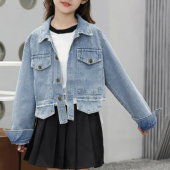 Mifsaly Girls Jean Jacket Lapel Button Down Kids Denim Jackets Irregular Hem Long Sleeve Outerwear Casual Fashion Spring Fall School Uniform 2026