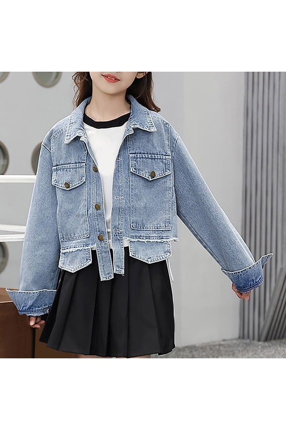 Girls Jean Jacket Lapel Button Down Kids Denim Jackets Irregular Hem Long Sleeve Outerwear Casual Fashion Spring Fall School Uniform 2026