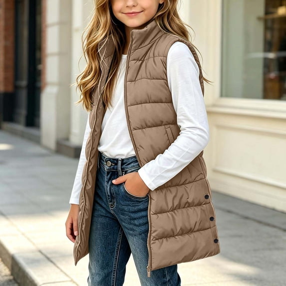 Mifsaly Girls Long Puffer Vests Kids Tween Zip Up Stand Collar Quilted Vest Fall Winter Casual Going Out Play Back to School Padded Coat with Pocekts
