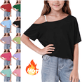 thumbnail image 1 of Mifsaly Girls Off Shoulder T-Shirts Loose Short Sleeve Kids Summer Tops Lightweight Comfortable Soft School Daily Wear Tee, 1 of 9