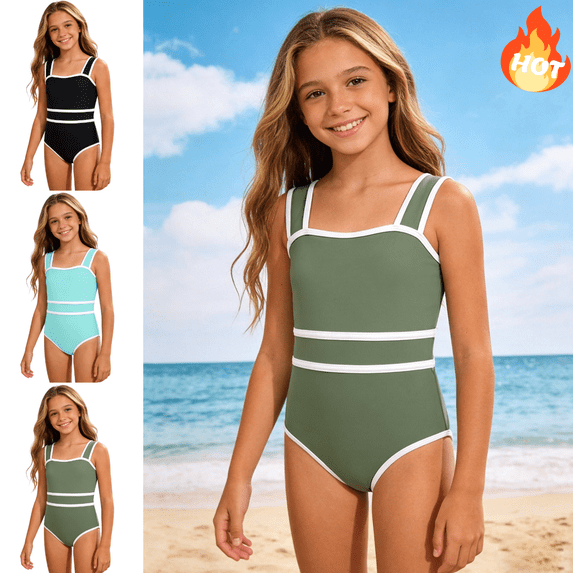 Mifsaly Girls One Piece Swimsuits Square Neck High Waisted Kids Bathing Suits Color Block Summer Beach Pool Teen Swimwear