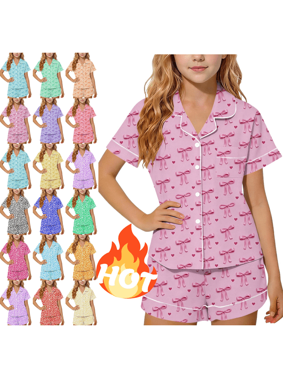 Girls Pajama Short Set 2 Piece Pjs Button Down Short Sleeve Tops And Shorts Cute Bows Graphic Casual Summer Satin Pjs