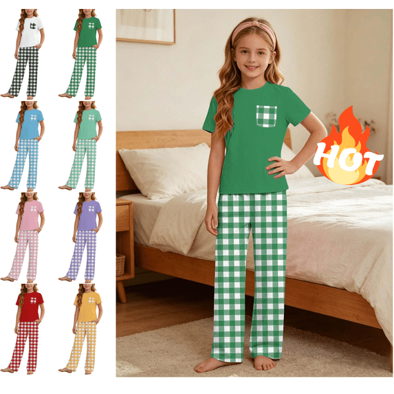 Mifsaly Girls Plaid Pajama Set 2 Piece Pjs Crewneck Tee And Long Pants with Pockets Soft Breathable Casual Summer Sleepwear