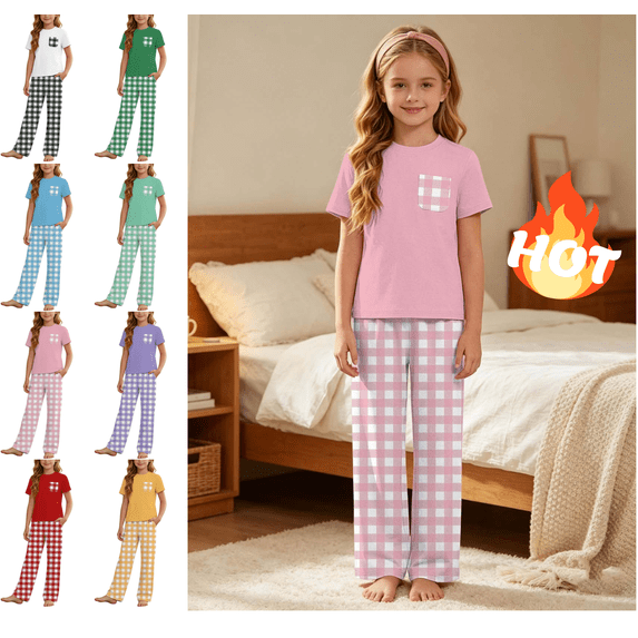 Mifsaly Girls Plaid Pajama Set 2 Piece Pjs Crewneck Tee And Long Pants with Pockets Soft Breathable Casual Summer Sleepwear