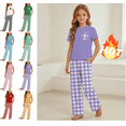 thumbnail image 1 of Mifsaly Girls Plaid Pajama Set 2 Piece Pjs Crewneck Tee And Long Pants with Pockets Soft Breathable Casual Summer Sleepwear, 1 of 9