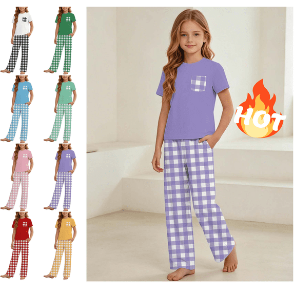 Mifsaly Girls Plaid Pajama Set 2 Piece Pjs Crewneck Tee And Long Pants with Pockets Soft Breathable Casual Summer Sleepwear