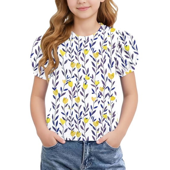 Mifsaly Girls Puff Sleeve Floral T-Shirts Kids Cute Print Summer Casual Tops Soft Lightweight Tee for Playtime and Outdoor Activities