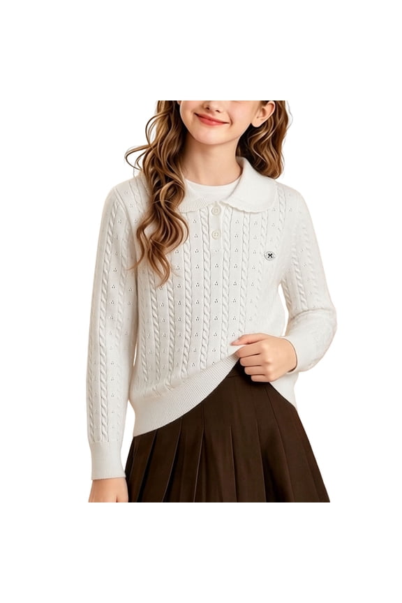 Girls Pullover Sweater Peter Pan Collar Long Sleeve Cable Knit Sweaters Cozy Preppy Knitwear Fall Winter School Uniforms