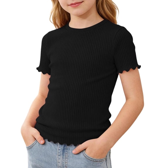 Mifsaly Girls Ribbed T-Shirts Lettuce Trim Crewneck Short Sleeve Summer Tops Toddler Kids Soft Comfortable Cute Casual Pullover Tee