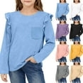 thumbnail image 1 of Mifsaly Girls Ruffle Long Sleeve Shirts Loose Cotton Tshirts Kids Crewneck Blouse Tween Spring Summer Blouse Size 5-15 Years, 1 of 6