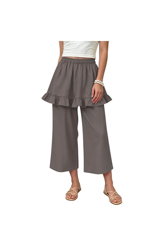 Girls Ruffle Skirt Pants Wide Leg Layered Palazzo Capris Elastic Waist Flowy Skirted Culottes Summer Casual Lightweight Breathable Cute Lounge Vacation Clothes