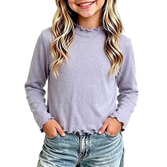 Mifsaly Girls Ruffle Trim Shirts Mock Neck Long Sleeve Pullover Tops Kids Lightweight Comfy Cute Flattering Casual Blouse Purple,9-10Years