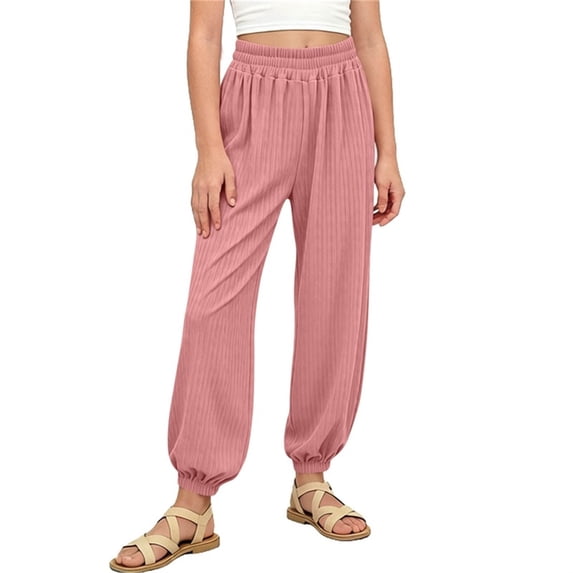 Mifsaly Girls Smocked Waist Jogger Pants Ribbed Straight Leg Kids Harem Pant Lightweight Breathable Casual Summer Beach Clothes Pink,1 Years