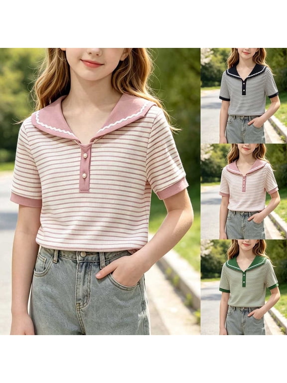 Girls Striped Shirts Striped Sailor Collar Short Sleeve Cotton Tops Kids Cute Preppy Summer Casual Uniform Blouses