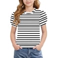 thumbnail image 1 of Mifsaly Girls Striped T-Shirts Kids Puff Sleeve Crewneck Pullover Tops Classic Comfortable Summer Casual Blouses, 1 of 8