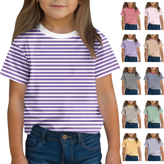 Mifsaly Girls Striped T-Shirts Kids Short Sleeve Crewneck Casual Summer Tops Daily Wear School Playwear Active Outfits